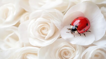 Ladybug on white roses - a delicate balance of nature and elegance