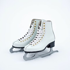 White figure skates with silver blades on a white background, symmetrically placed, laces tied together. Generative, AI,

