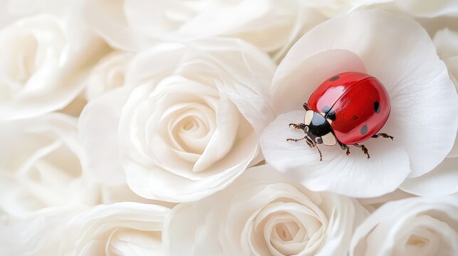 Ladybug on white roses - a delicate balance of nature and elegance