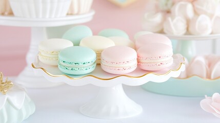 Pastel macarons on elegant white stand with soft decor in background