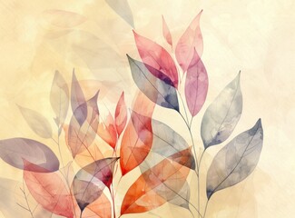 Abstract leaves, watercolor design, soft colors, nature background Delicate artwork featuring translucent leaves in shades of pink, orange, and gray against a warm beige backdrop