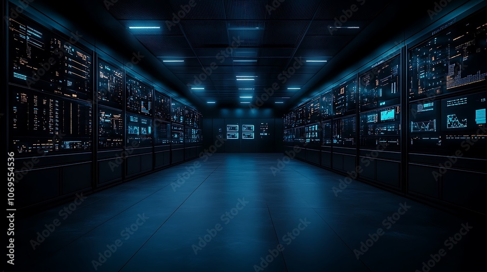 Leinwandbilder a dimly lit data center hallway filled with rows of servers, illuminated by blue lights, creating a 