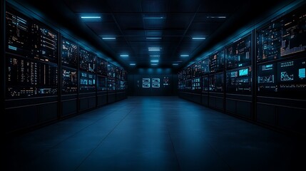 A dimly lit data center hallway filled with rows of servers, illuminated by blue lights, creating a futuristic and technological atmosphere.