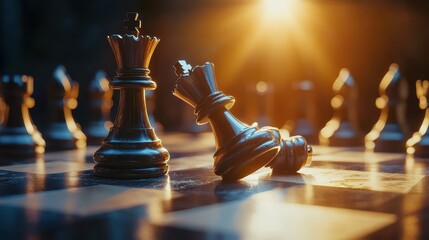 Close-up of a chessboard with a toppled king and intense lighting, symbolizing strategic depth and competition