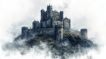 Naklejka premium Mystical Medieval Castle on a Misty Hill