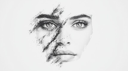 Obraz premium Artistic black and white portrait of a woman with textured brushstroke effect