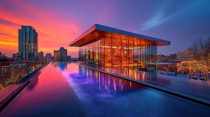 Obraz premium A night view emphasizes a skyline, showcasing modern architectural elements and vibrant illumination.