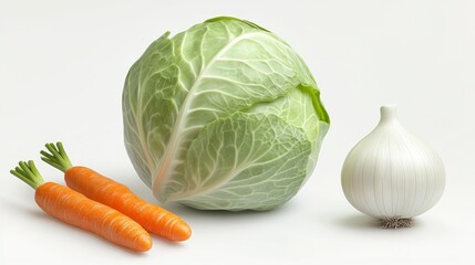  light green cabbage and two carrots and white onion, white background, frontal view, high contrast, detailed, sharp edges, no blurring effect 