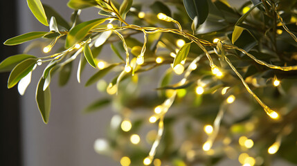 Mistletoe branches with sparkling lights, creating a festive atmosphere.