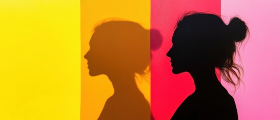 A creative silhouette of a woman against vibrant yellow and pink backgrounds, highlighting contrast and artistry in shadow play.