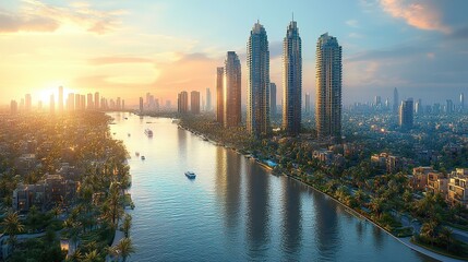 Fototapeta premium A panoramic view highlights the new canal and towering skyscrapers, symbolizing urban development and innovation.