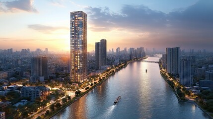 Fototapeta premium A panoramic view highlights the new canal and towering skyscrapers, symbolizing urban development and innovation.