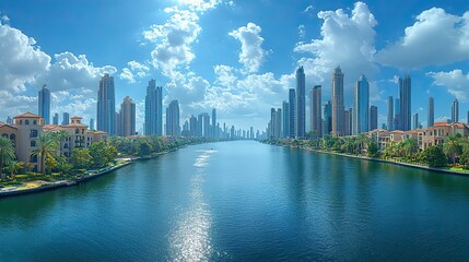 Obraz premium A panoramic view highlights the new canal and towering skyscrapers, symbolizing urban development and innovation.