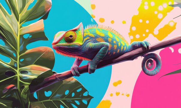 Colorful chameleon perched on a branch against a vibrant backdrop. Generative AI image
