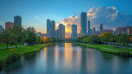 Fototapeta premium A panoramic view highlights the new canal and towering skyscrapers, symbolizing urban development and innovation.