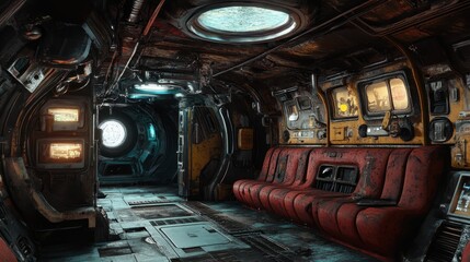 Interior of a Futuristic, Worn Spacecraft Cabin