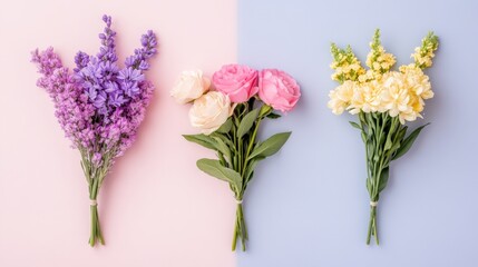 Elegant floral arrangements on pastel backgrounds: lavender, pink roses, and yellow chrysanthemums