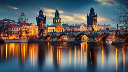 Fototapeta premium A picturesque evening view of a historic bridge illuminated by city lights reflecting in the water.
