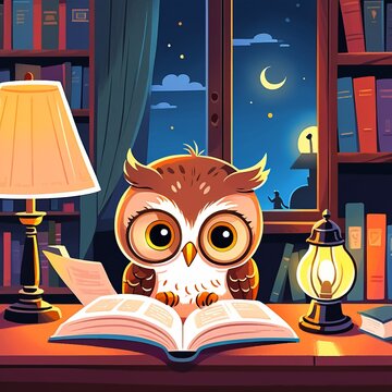 Wise owl reading at night in cozy library with moonlit window view
