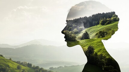 A creative silhouette of a woman's profile filled with green landscapes, symbolizing the connection between nature and human emotion.