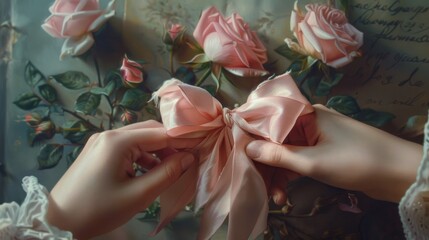 Hands Tying a Pink Ribbon
