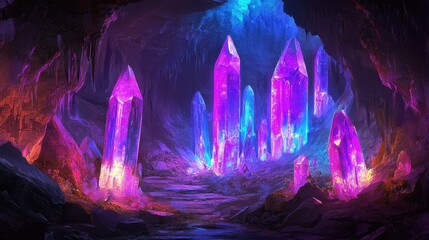 Fototapeta premium A Cave Lit by Glowing Purple and Blue Crystals