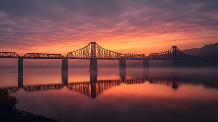 Naklejka premium Iconic suspension bridge spanning over a peaceful river reflecting a dramatic sunrise or sunset skyline with vibrant colors and atmospheric lighting