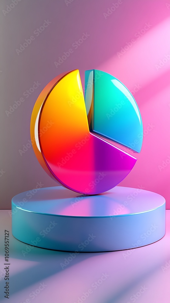 Poster a colorful pie chart on a blue platform with a pink background.