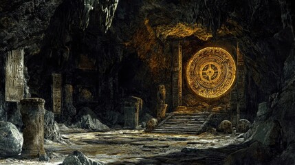 Obraz premium Ancient Cave with Golden Circular Symbol and Stone Pillars