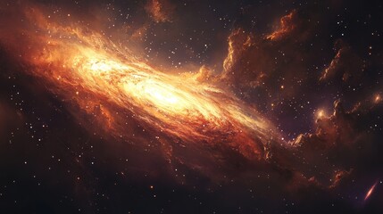 A fiery spiral galaxy with a bright core surrounded by stars and nebulae
