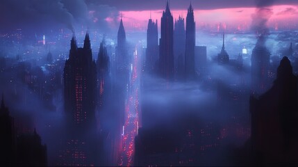 A Futuristic Cityscape with Tall Towers Bathed in Pink and Blue Lights