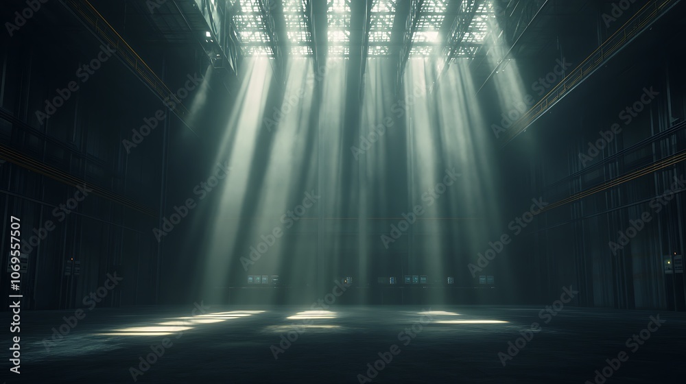 Leinwandbilder The image depicts an empty industrial space with dramatic light rays streaming through windows, creating a mysterious and atmospheric ambiance.