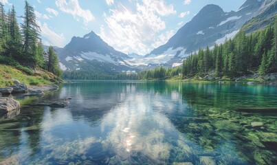 Naklejka premium Crystal clear sunset lake wilderness.
