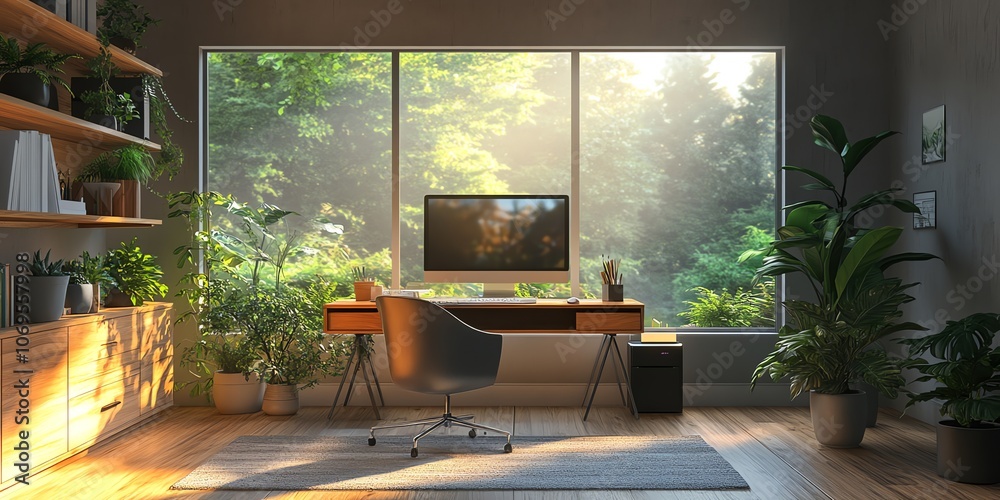 Aufkleber a contemporary home office with a large window overlooking a lush green forest. the desk has a compu