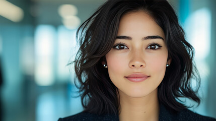 Fototapeta premium A young woman with dark hair and brown eyes looks directly at the camera with a gentle smile.