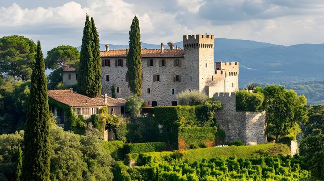 Majestic Ancient Stone Castle Perched on a Verdant Hilltop with Breathtaking Scenic Vistas of the Surrounding Mountainous Landscape and Lush Greenery