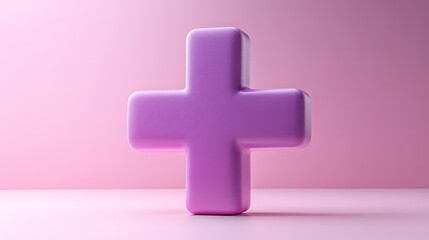 Obraz premium A purple 3D plus icon floating on a clean white surface, symbolizing first aid or emergency healthcare assistance, rendered in a simple and minimalist design style, perfect for medical contexts.