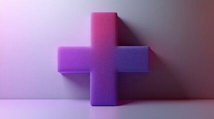 Fototapeta premium A purple 3D plus icon floating on a clean white surface, symbolizing first aid or emergency healthcare assistance, rendered in a simple and minimalist design style, perfect for medical contexts.