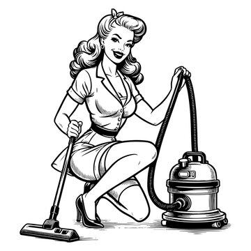 recommend clip art: pin-up woman kneeling with a vacuum cleaner, capturing classic 1950s housewife aesthetics sketch engraving generative ai PNG illustration. Scratch board imitation. Black and white image.