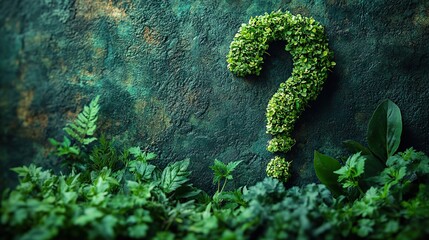 A question mark is beautifully adorned with lush green plants, set against a vibrant green background, symbolizing inquiry and curiosity.