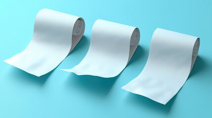 A realistic 3D set of curled paper receipts, invoices, or tickets, commonly seen in supermarkets, presented as blank templates for checks or voucher designs.