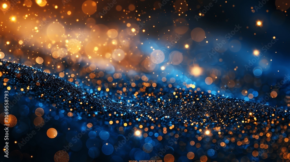 Poster glowing gold and blue bokeh light particles abstract background for holiday and party concepts