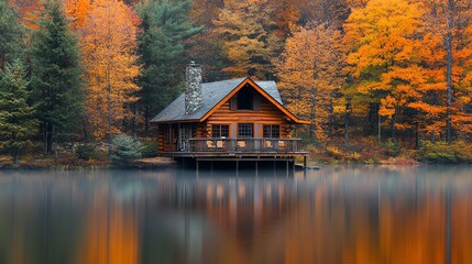 A cozy cabin sits on a tranquil lake surrounded by vibrant autumn foliage.