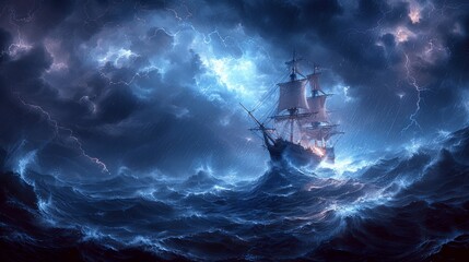 Obraz premium Futuristic Jesus Calming Stormy Sea on a Fantasy Pirate Ship