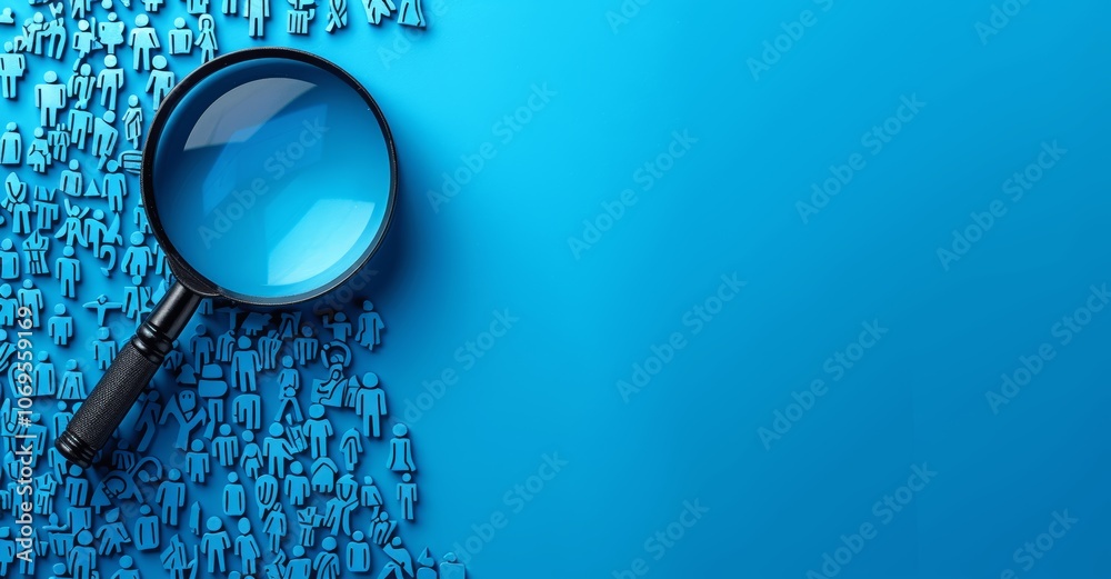 Poster human resources selection concept with magnifying glass and people icon on blue background for recru