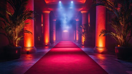 A red carpet entrance at an awards ceremony highlights the winner's path, illuminated by stage lights and fanfare.