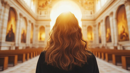 A woman with long brown hair stands in the middle of a church, looking toward the light coming through the front doors.