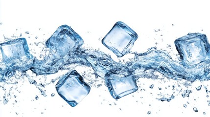 Floating in water surface ice cubes with water droplets and splashes, frozen mid-air on a white backdrop. AI generated