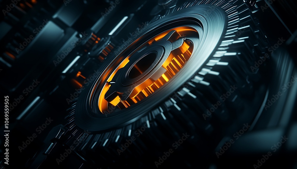 Poster a close-up view of a mechanical gear system featuring intricate details and glowing orange elements,