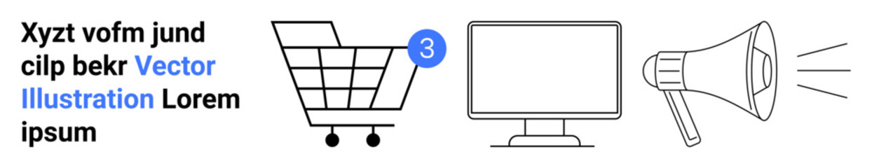 Shopping cart with three items, computer monitor, and megaphone. Ideal for e-commerce, digital marketing, online shopping, web design, digital advertising, announcements, landing page